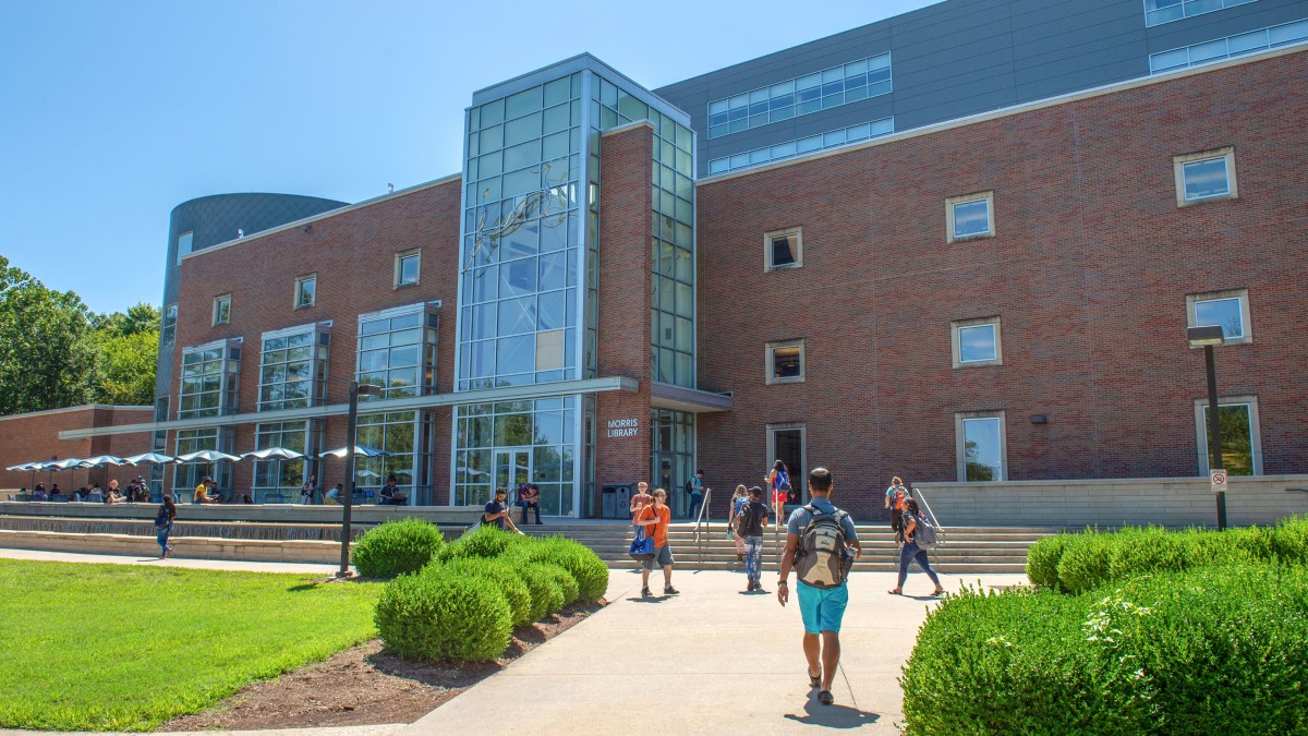 the north face of Morris Library under brilliant sunshine with a scattered crowd of students walking to and from it