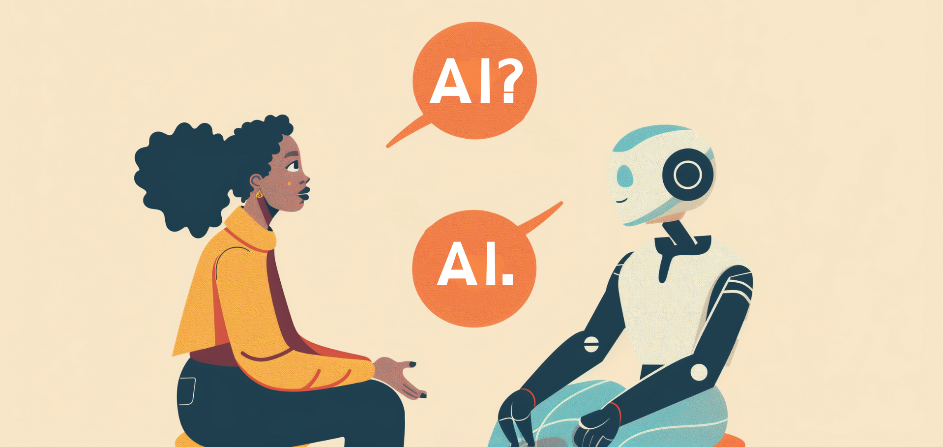 a cartoon image of a human asking 'AI?' answered by a robot saying 'AI.'