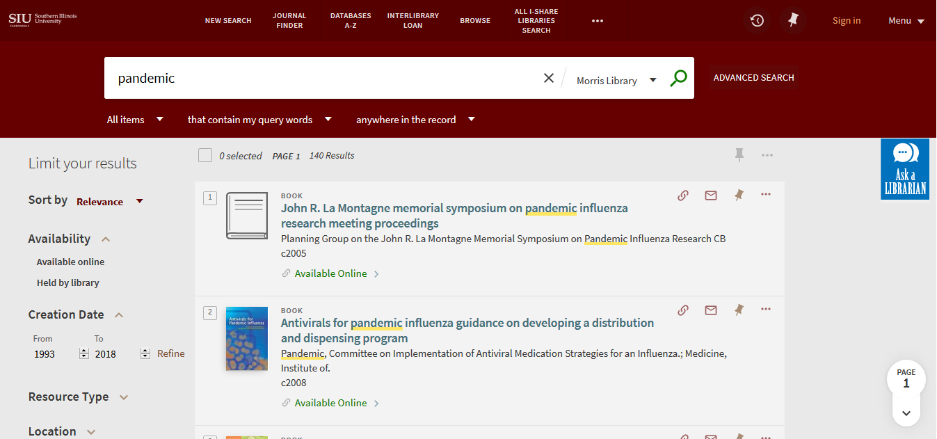 screenshot of the initial search results screen within Morris Library's new catalog interface