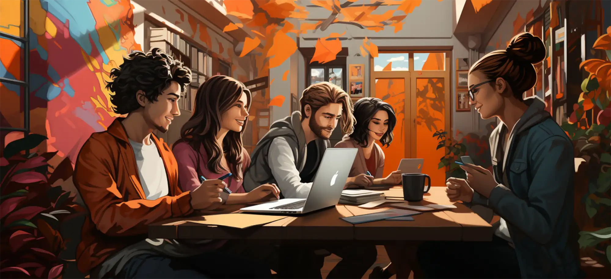 artistic rendition of diverse college students working together on a research project at a table littered with papers, laptops, and coffee mugs. they look happy.