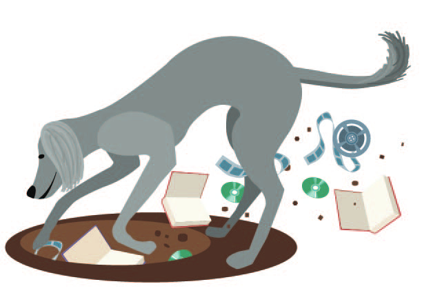 illustration of dog digging up books and film