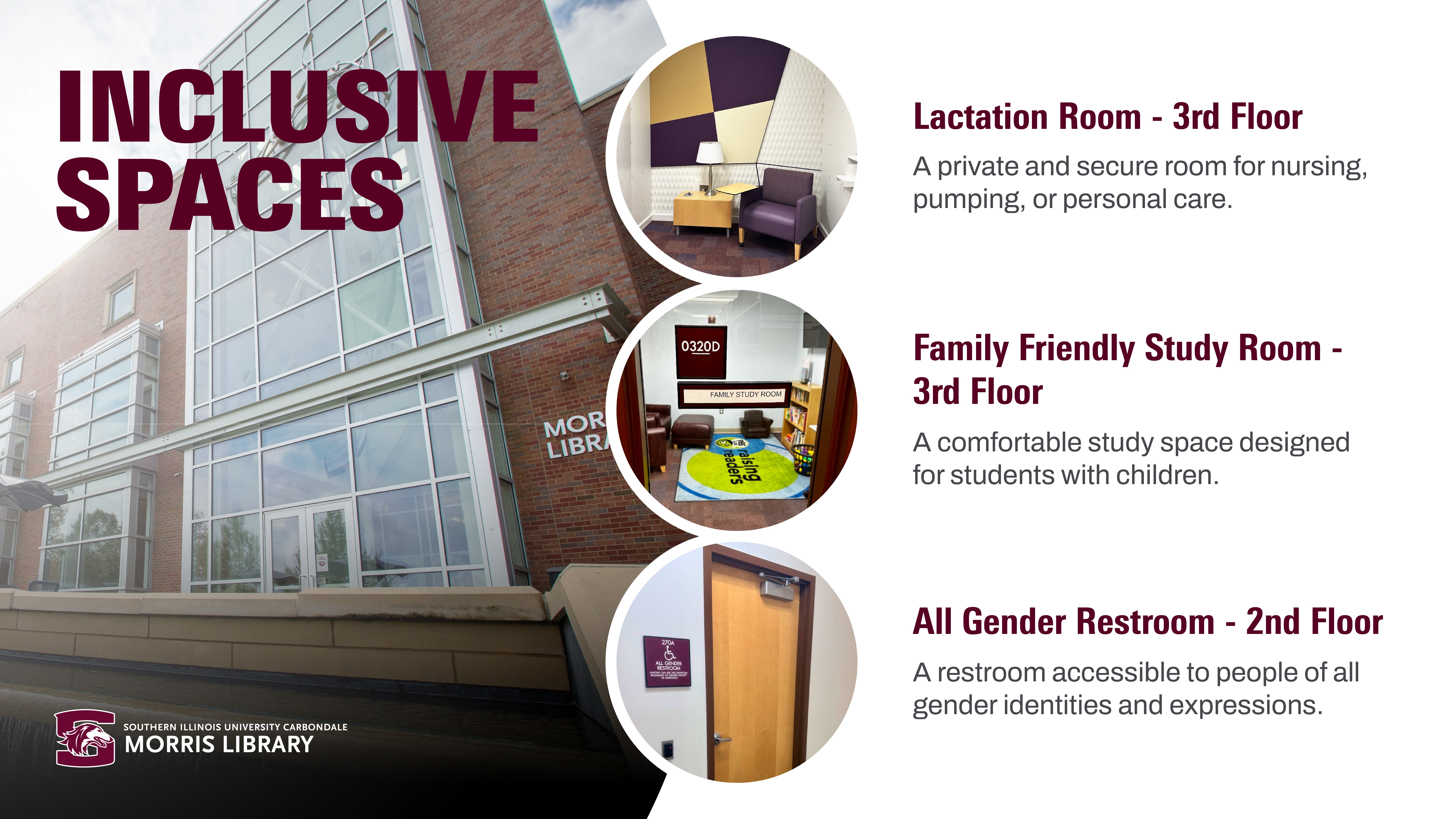 a presentation slide with images of three specialized spaces in Morris Library. The lactation room features low light and a comfy chair. The family-friendly study room has a bright rug, soft furniture, and shelves to toys and books. The all-gender restroom provides privacy and security.
