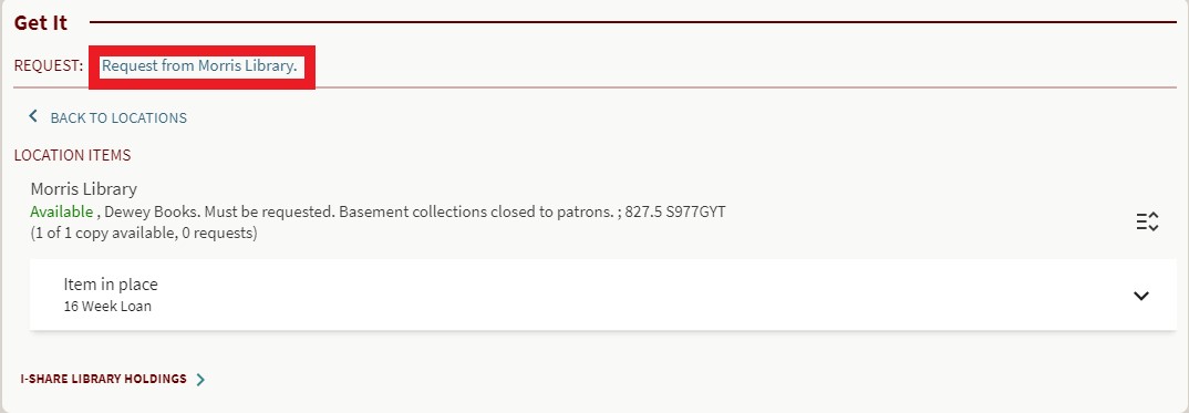 select "request from Morris Library" at top of result