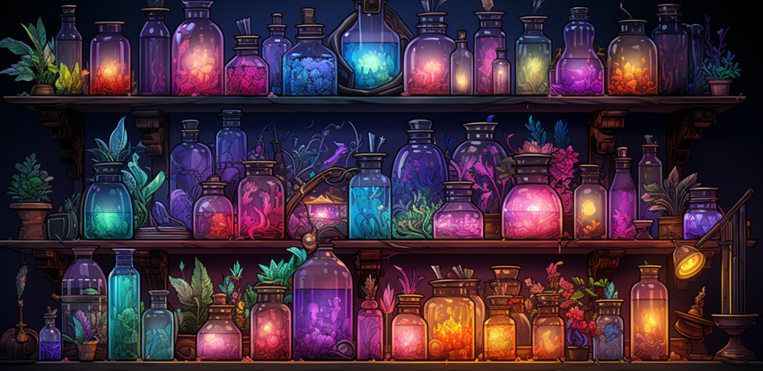 brightly colored alchemical bottles, as if from a video game