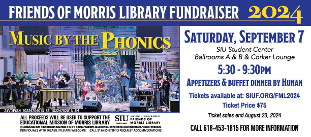 Join us for the Friends of Morris Library's annual fundraiser on Saturday, September 7, 2024, featuring music by The Phonics. The fundraiser will be held in the SIU Student Center's Ballrooms A & B and Corker Lounge from 5:30 until 9:30pm with appetizers and a buffet dinner catered by Hunan. Tickets are available by following the link and are $75. Ticket sales end August 23, 2024. Call 618-453-1815 for more information.