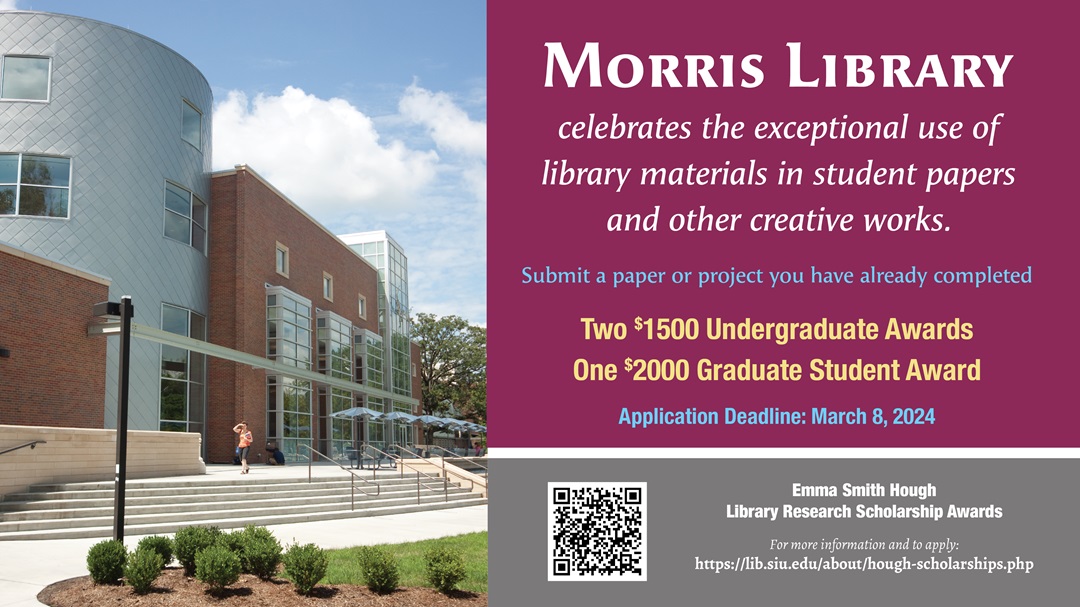 Students, submit a paper or project by March 8, 2024, for the Emma Smith Hough Library Research Scholarships. Two $1500 undergraduate scholarships and one $2000 graduate scholarship will be awarded for exceptional use of library materials in student papers and other creative works.  